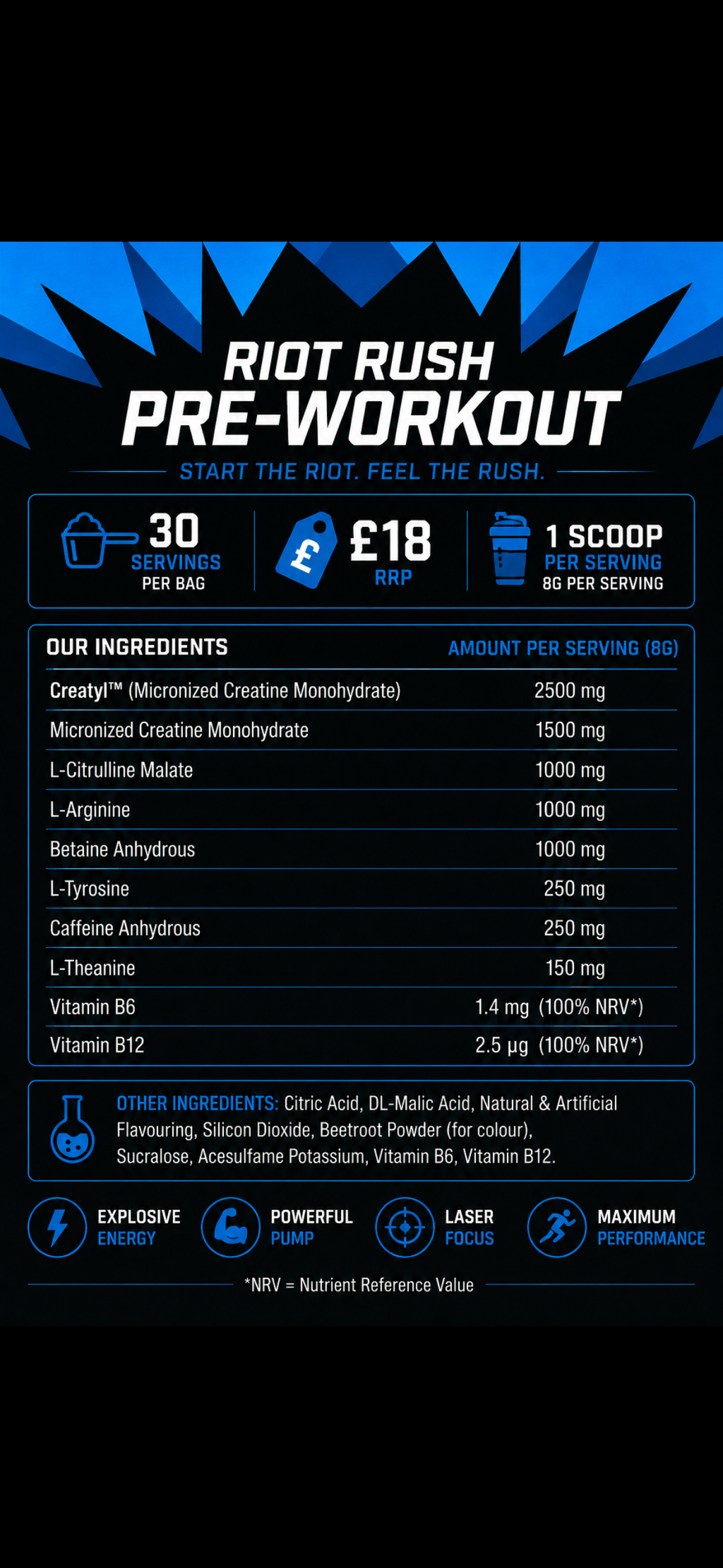 RRE Pre-Workout Blue Raspberry 30 servings